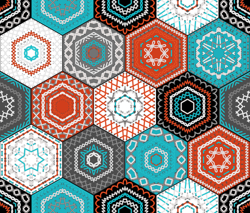 Coloured embroidered hexagons background.