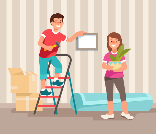 Happy young family man and woman moving to a new home. Concept design repair and construction of new housing. Vector illustration in flat style.