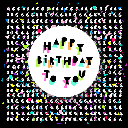 Happy Birthday card with colorful confetti on black background in vector