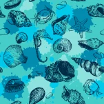 vector seamless pattern with line drawing shells