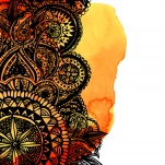 Orange watercolor brush wash with black hand drawn pattern - round doodle tribal elements.