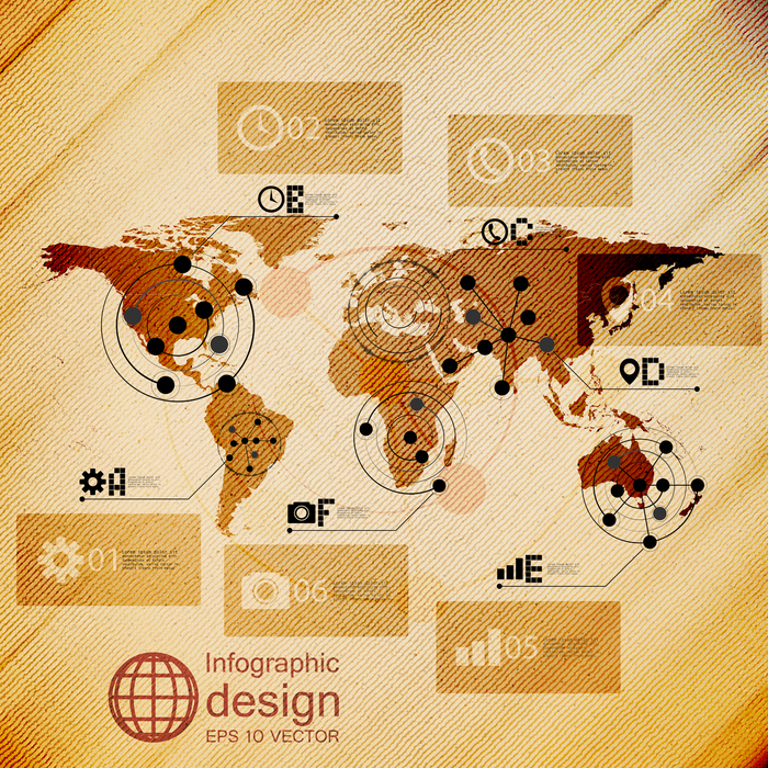 World map, infographic design illustration, wooden background vector