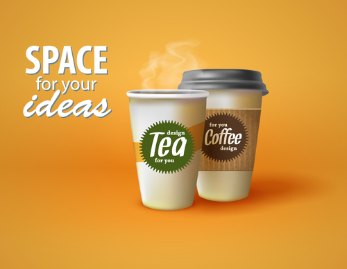 Two cups of hot coffee and tea on a yellow background with place for your text